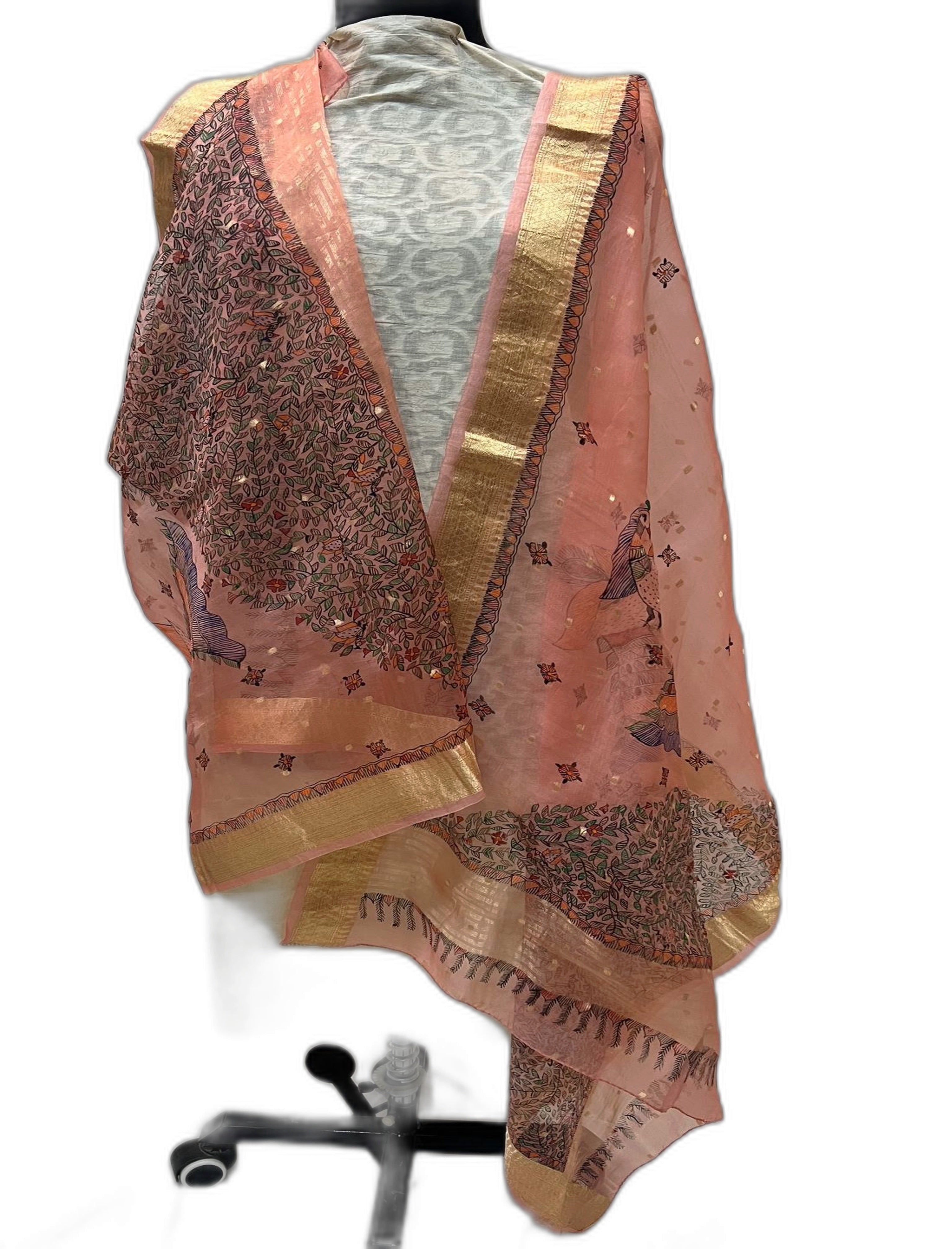 Hand-Painted Pink Organza Dupatta with weaved Zari Border